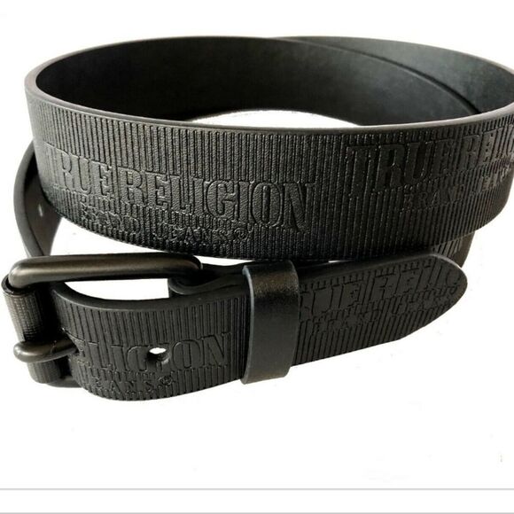 True Religion Van Textured Logo Repeat Roller Buckle Belt Size 36 - 38 - Picture 3 of 7